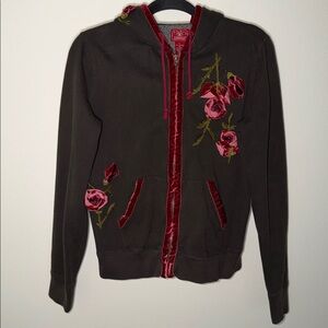 Vintage Y2K Lucky Brand Floral Fairy Grunge Velvet Trim Hooded Sweatshirt